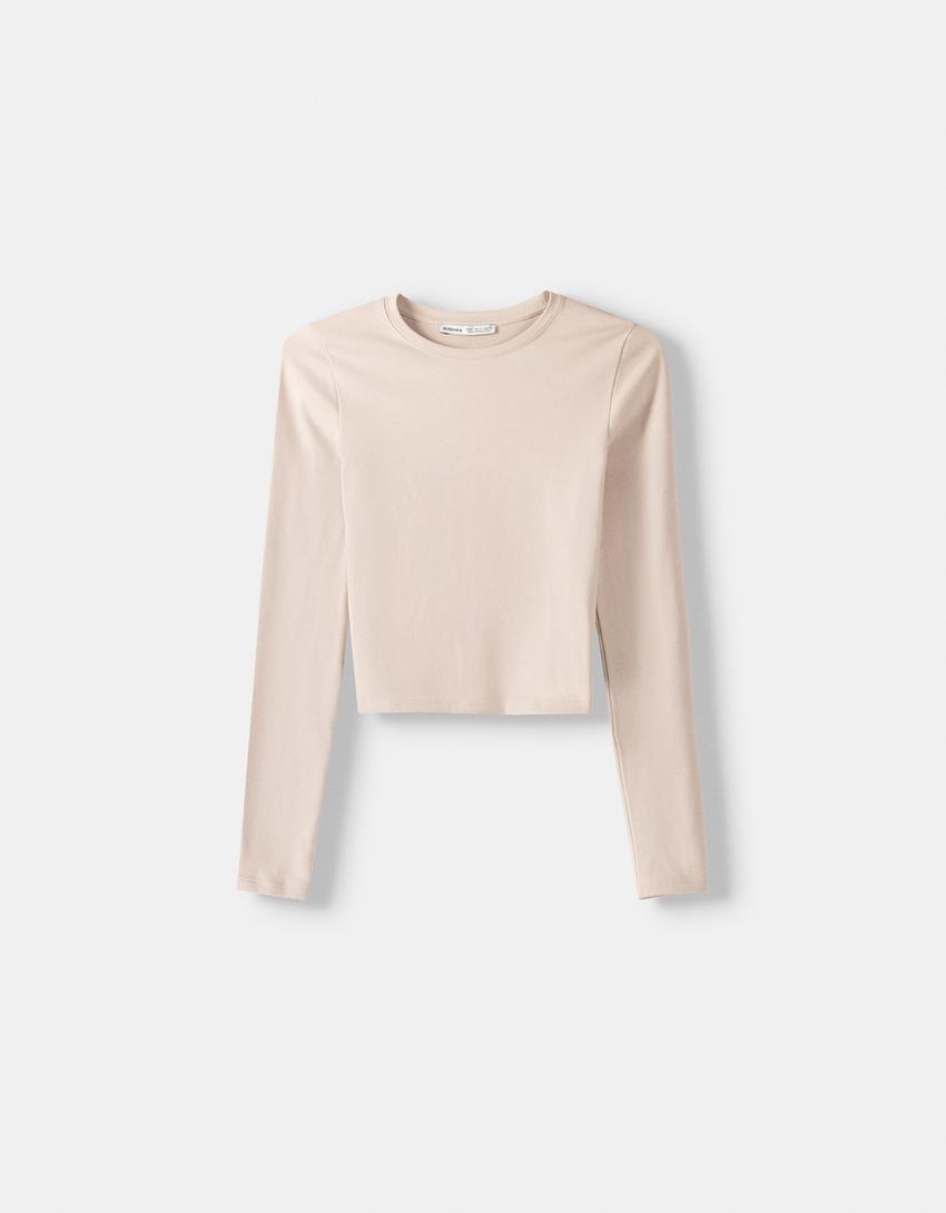 Uzun kollu bisiklet yaka t-shirt-Kum rengi-4