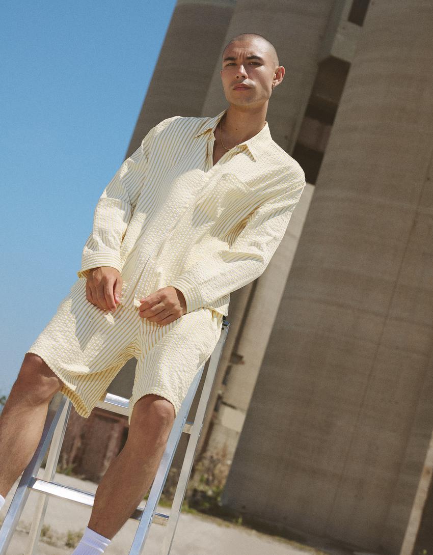 Camisa de manga comprida às riscas-Amarelo-0