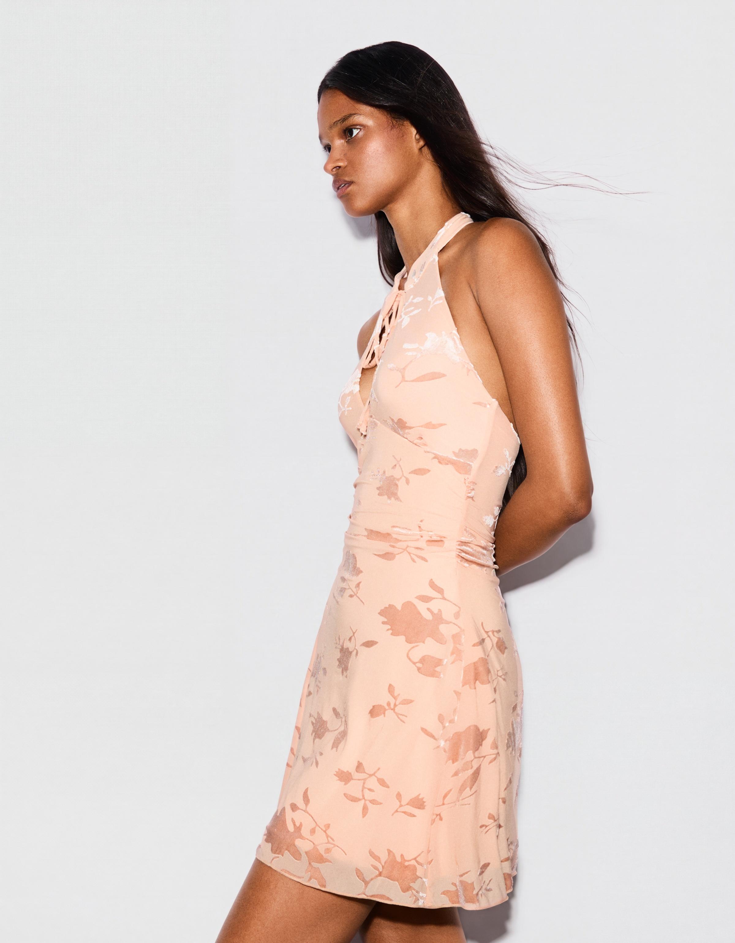 Mini halter dress in flocked tulle — Orange