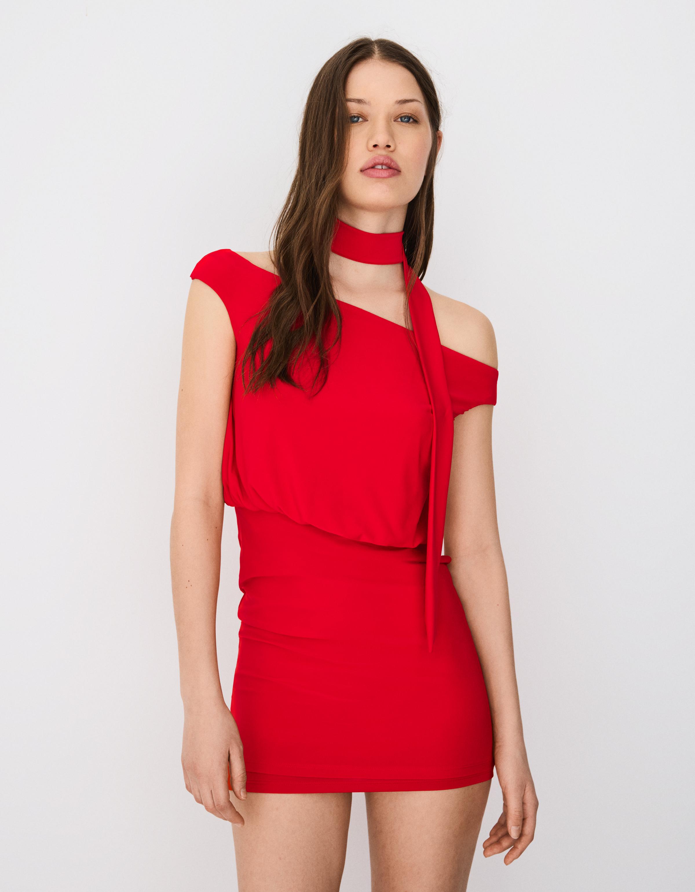 Vestido Mini Bardot Pañuelo Mujer L Rojo