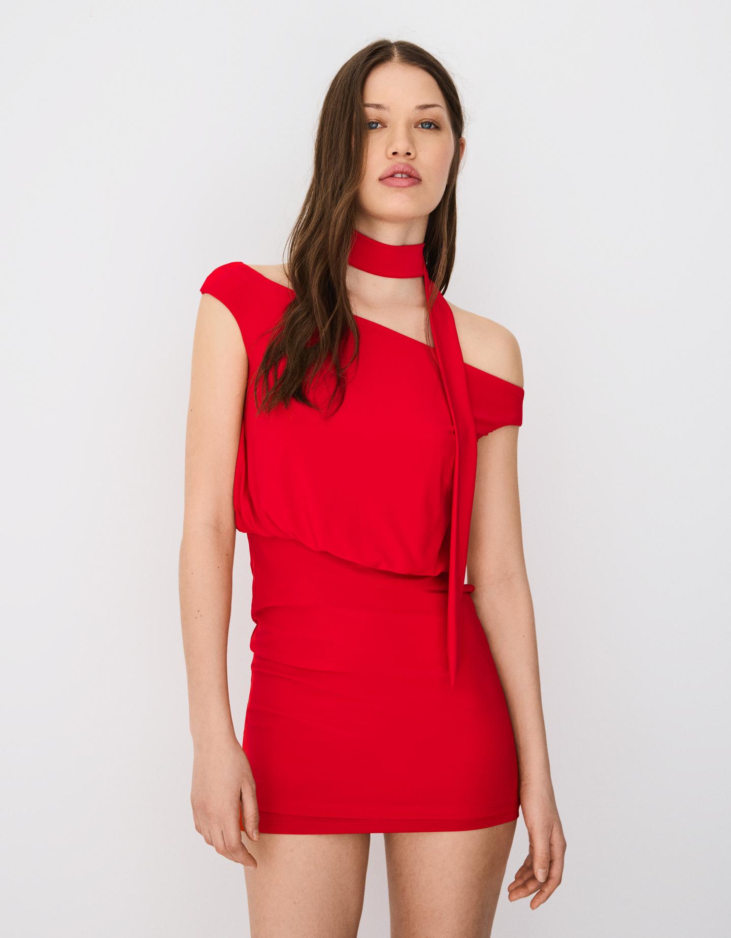 Bershka sukienka mini bardot apaszka czerwony