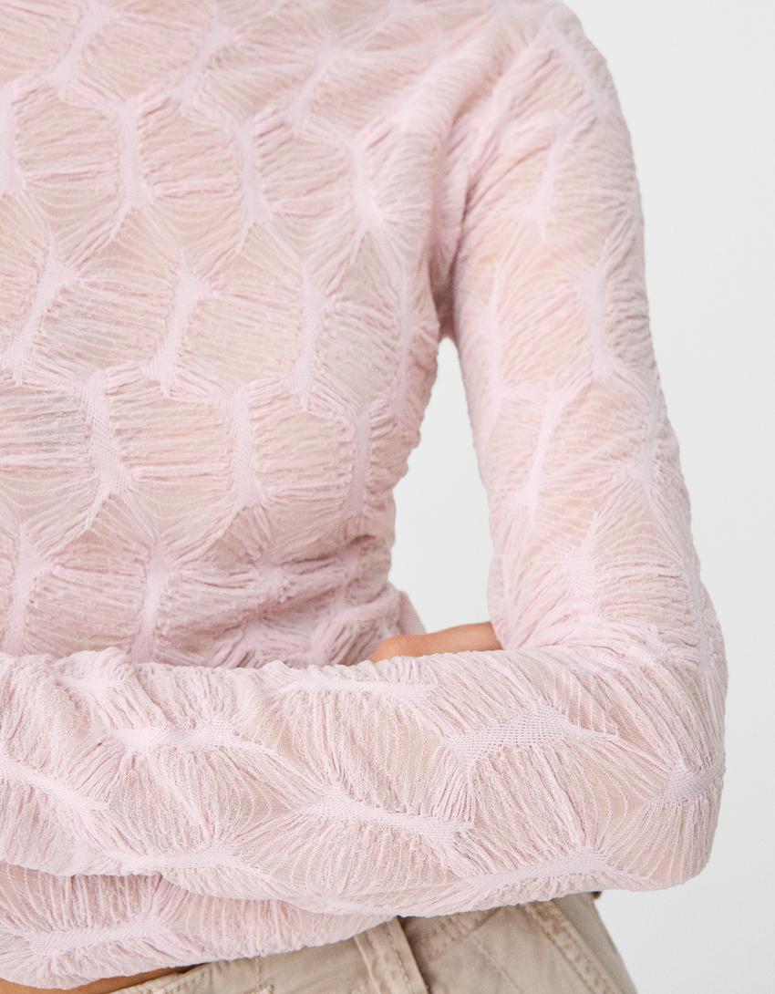 Long sleeve textured Bardot T-shirt-Pink-6