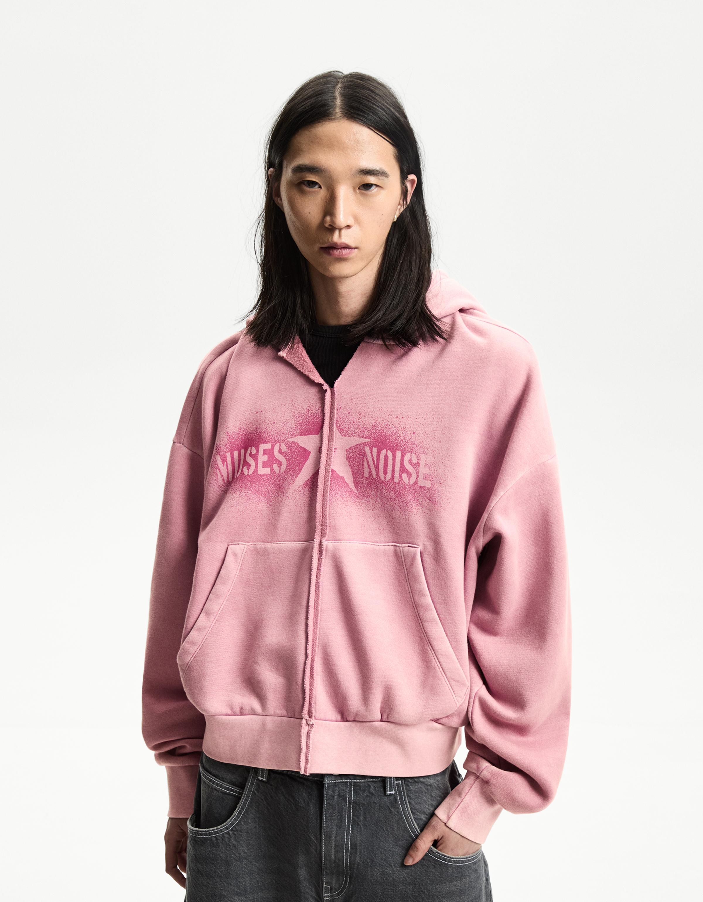 Bershka Sweatshirt Mit Kapuze Und Cropped-Print Herren L Rosa