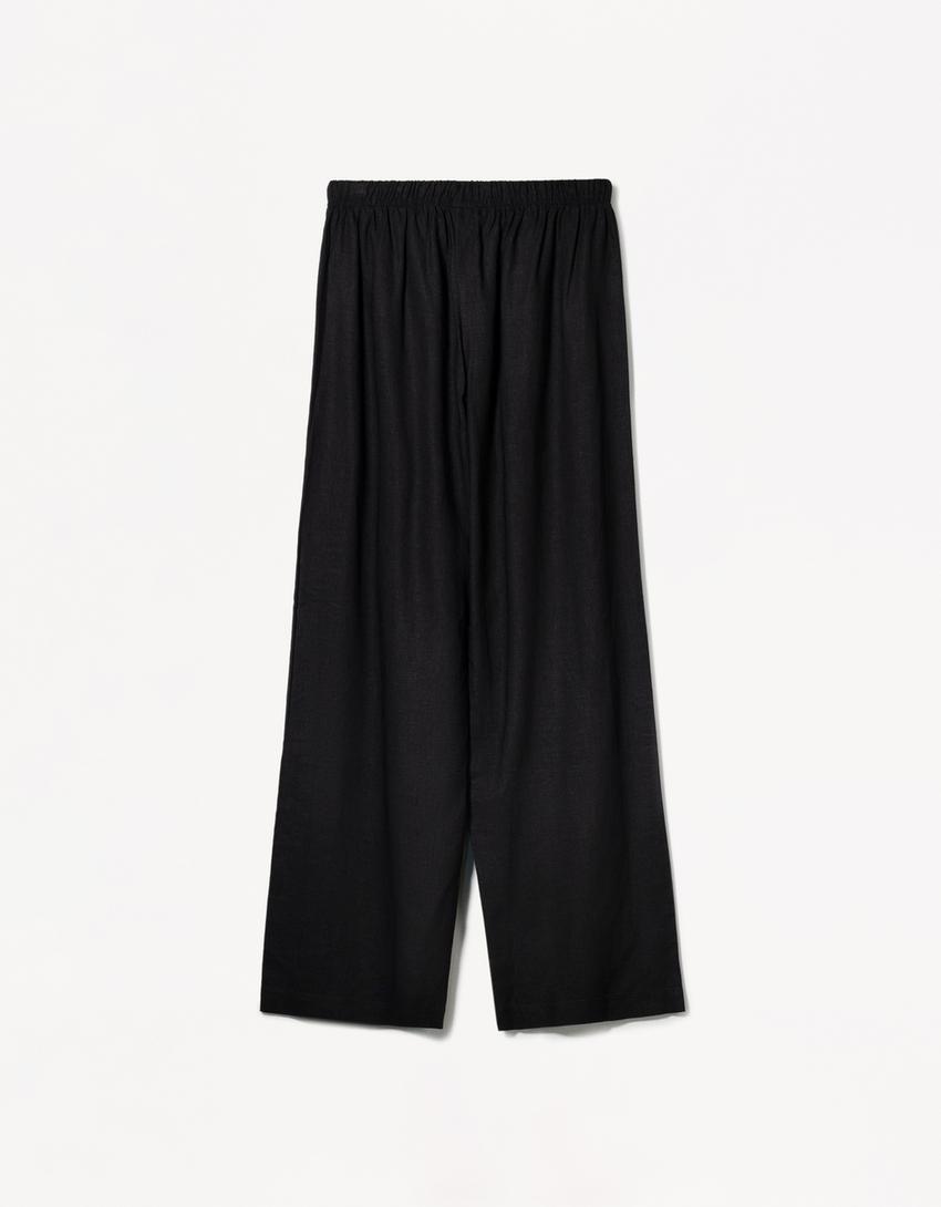 Pantaloni cu in, cu elastic în talie-Negru-5