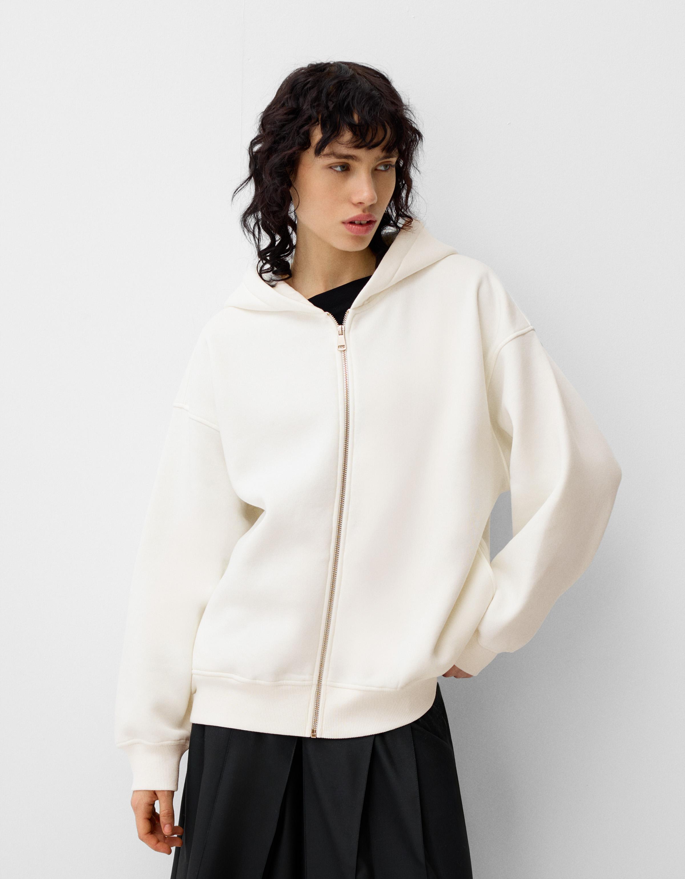 Bershka Hoodie Mit Kapuze, Reißverschluss Und Print Damen Xs Grbrochenes Weiss