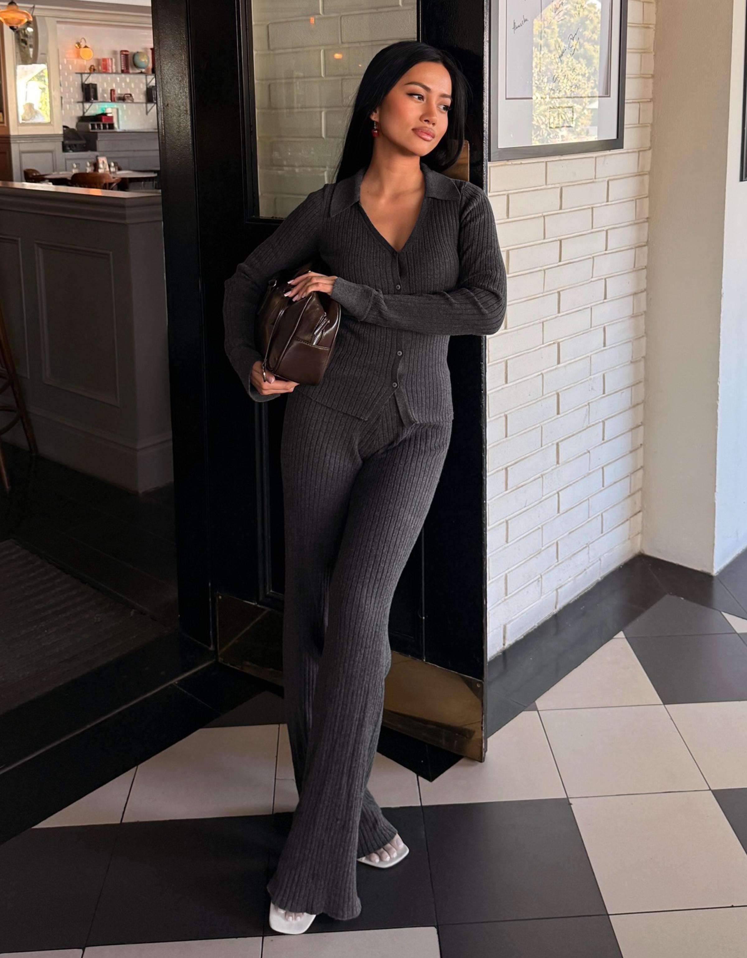 Wide-leg rib trousers
