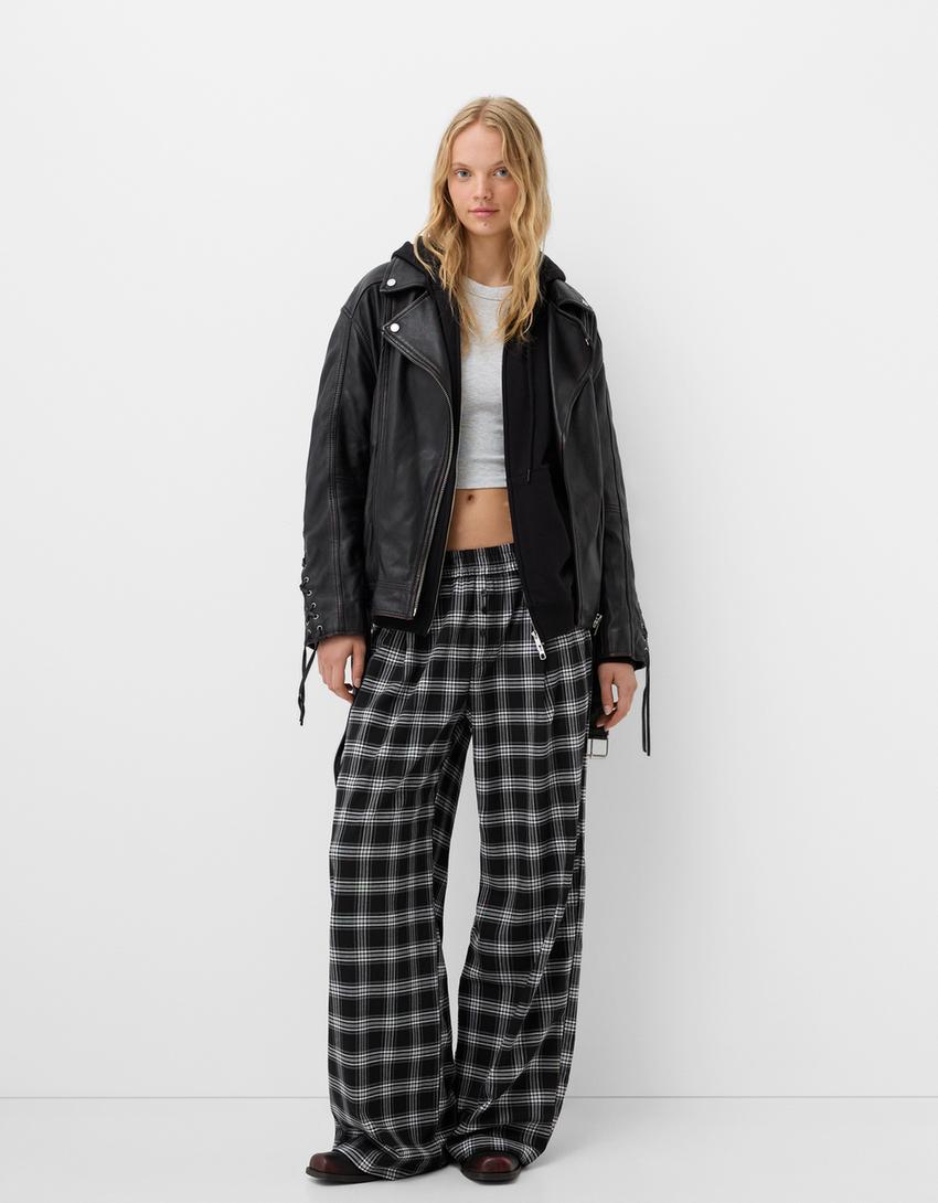 Straight fit check trousers-Black-0