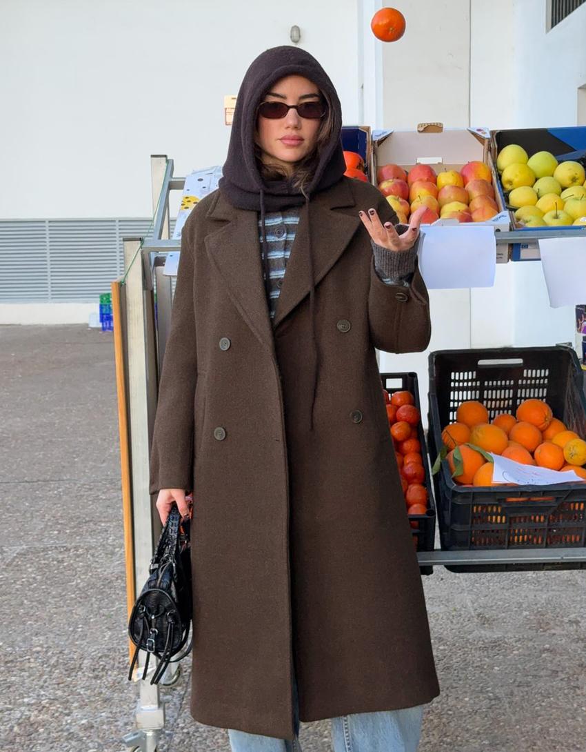Manteau long épaule tombante-Marron