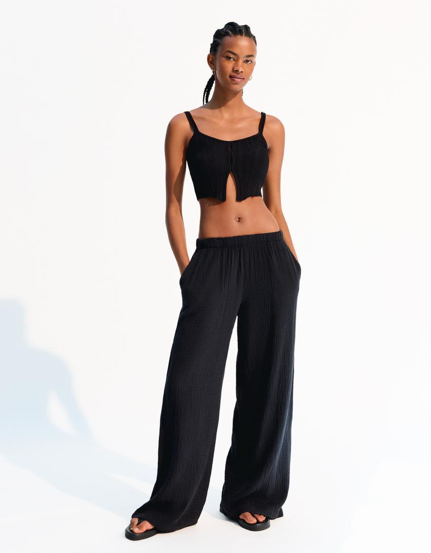 Calças wide leg rústicas double cloth-Preto-2