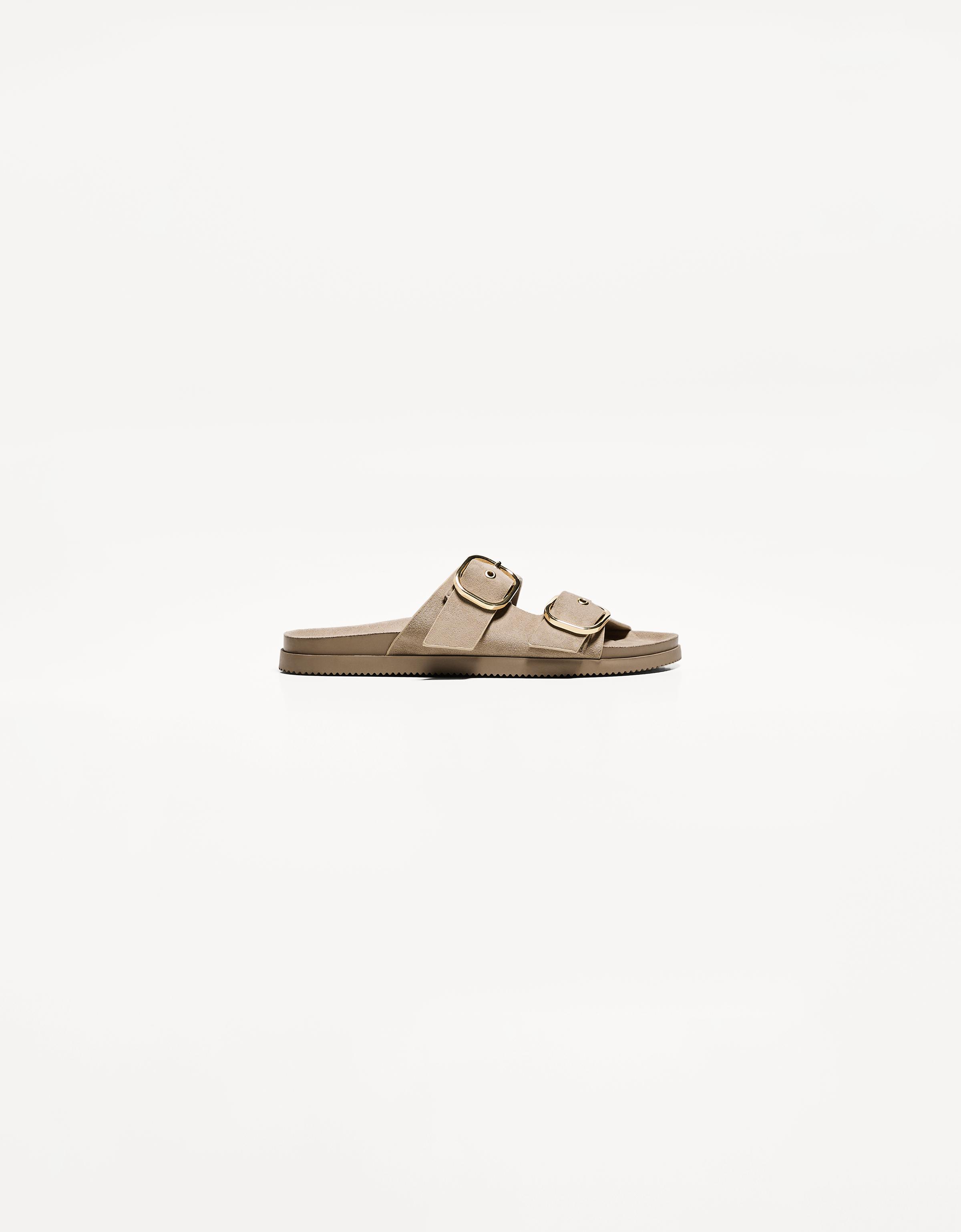 Buckled flat slider sandals — SAND