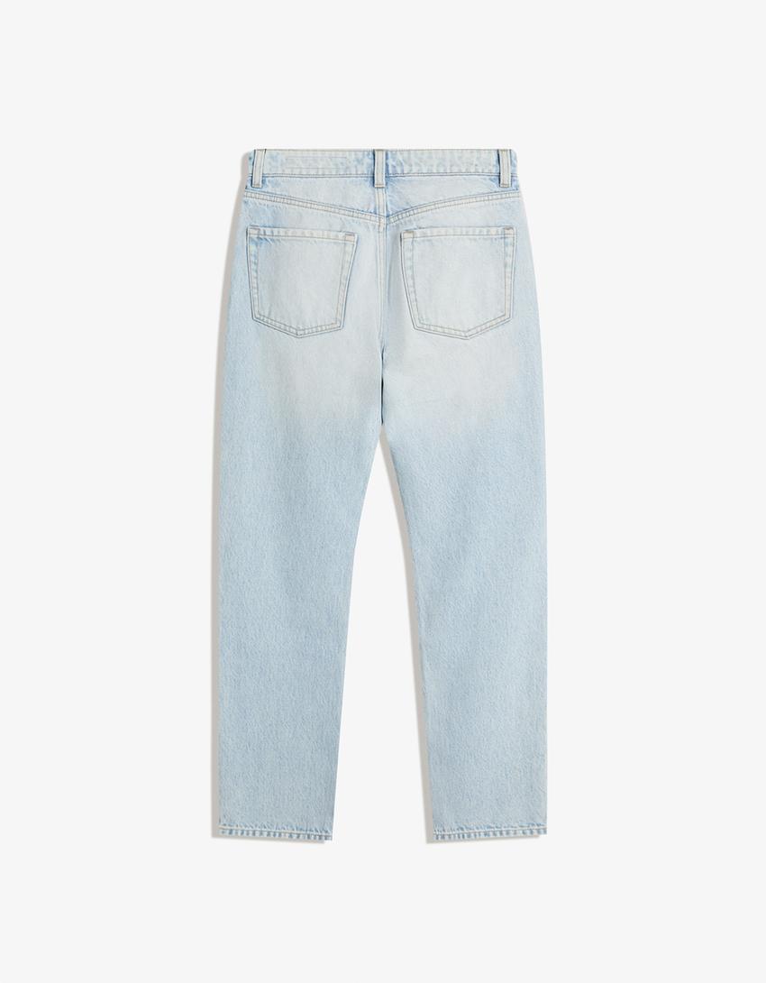 Blugi straight fit cropped rupți-Albastru deschis-4