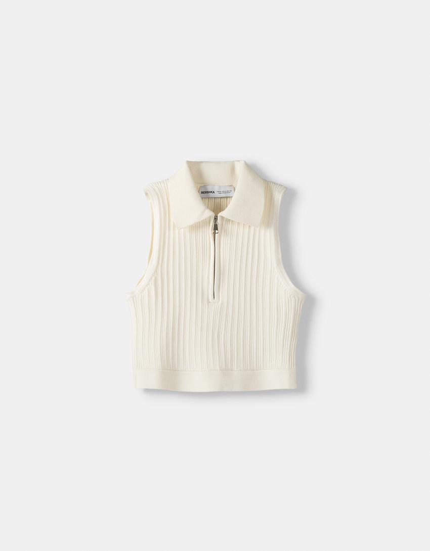 توب بدون أكمام وبسحّاب وياقة بولو-كريمي-4