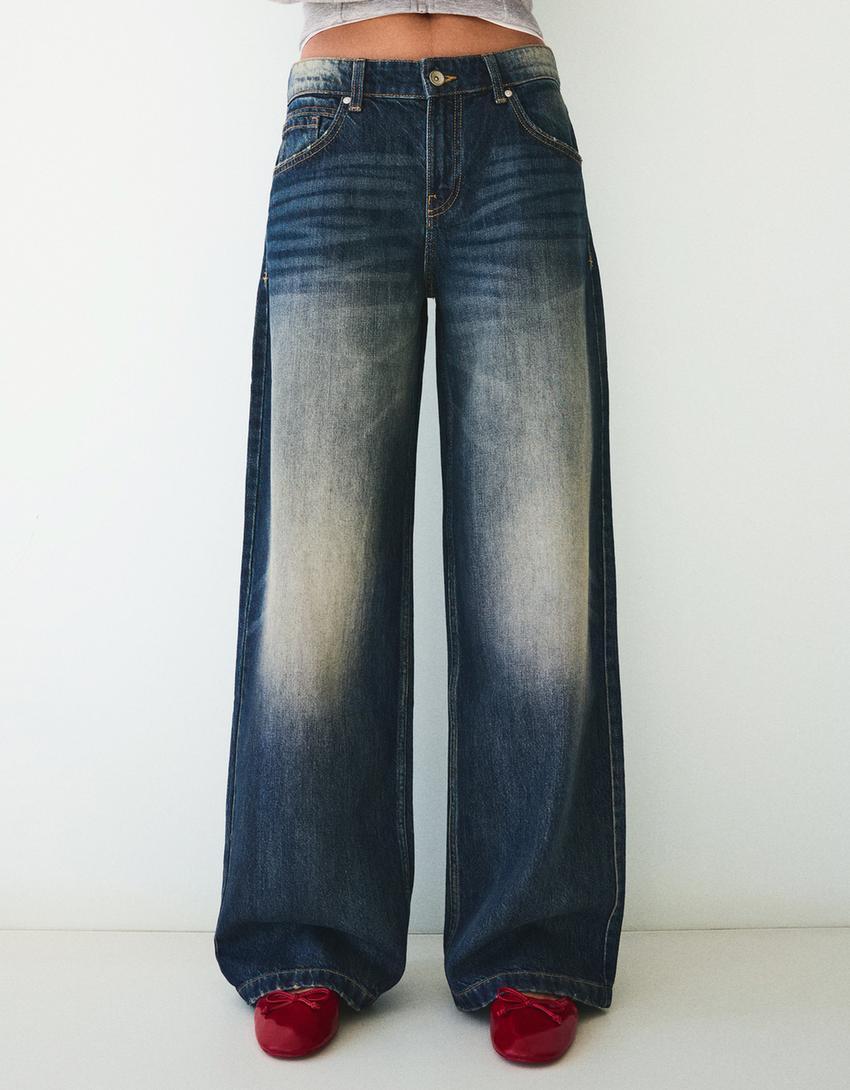 Jeans boyfriend tiro bajo bordado-Azul lavado