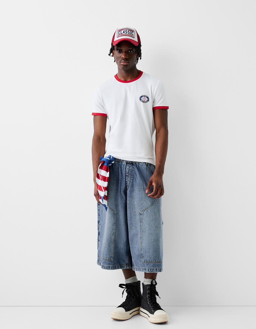 Calções bermuda jort denim baggy cintura contraste-Azul lavado-4