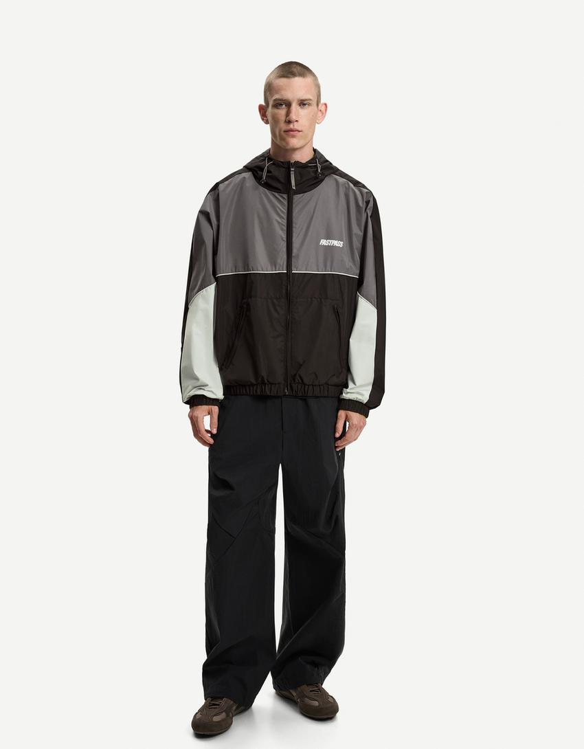 Blouson léger color block capuche-Noir