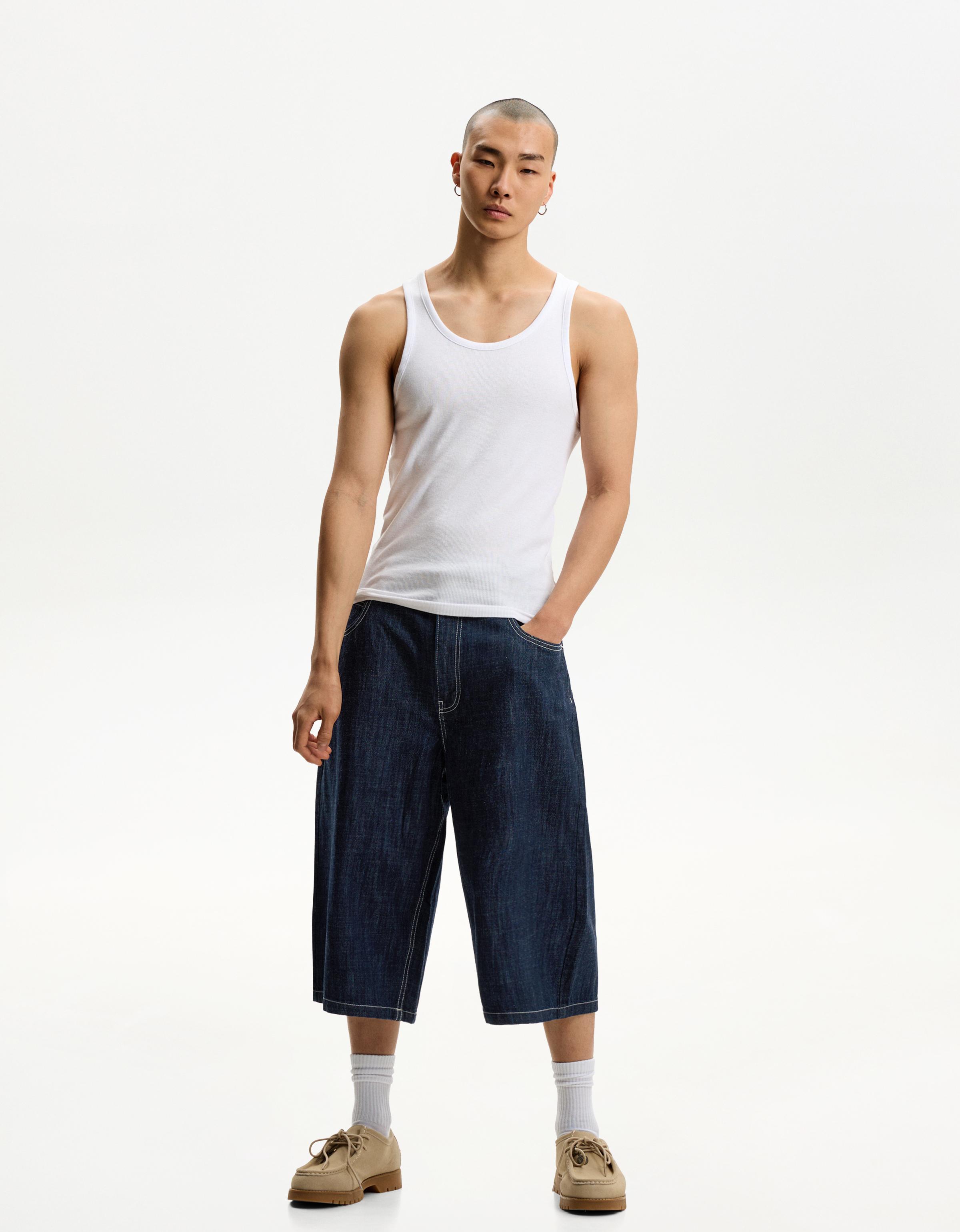 Bershka Super Baggy Denim-Jort-Bermudas Herren 34 Marinenblau