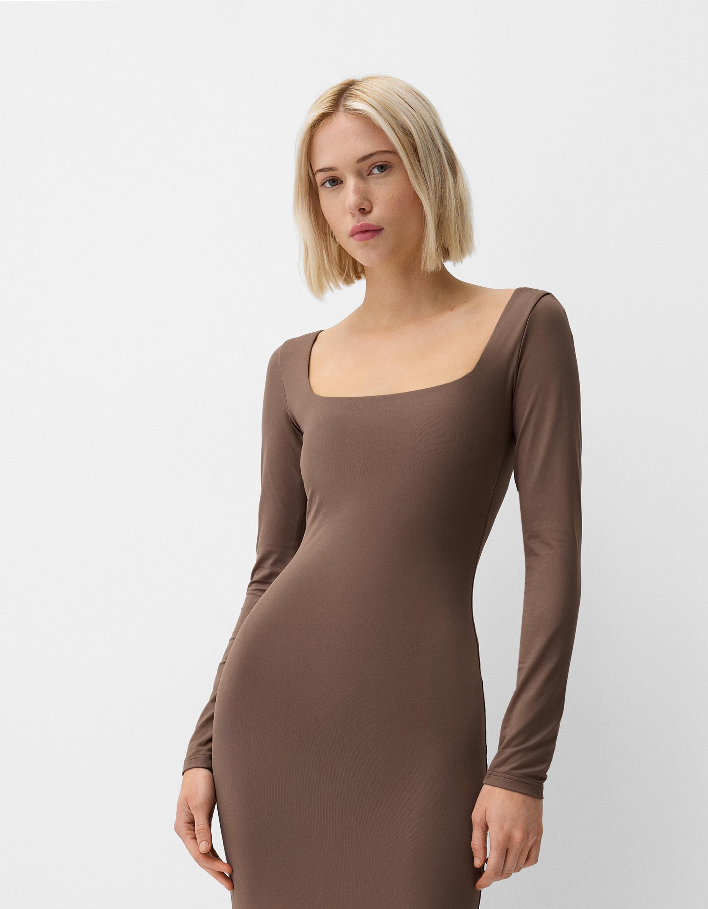 Bershka Midikleid Mit Langen Ärmeln Damen Xs Braun