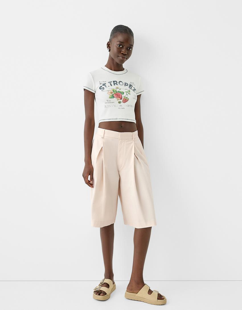 Pensli wide leg bermuda şort-Krem-4