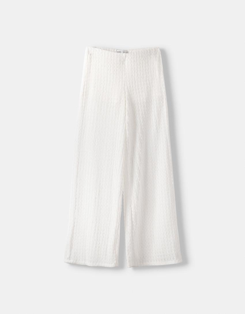 Textured rustic wide-leg trousers-Off white-4