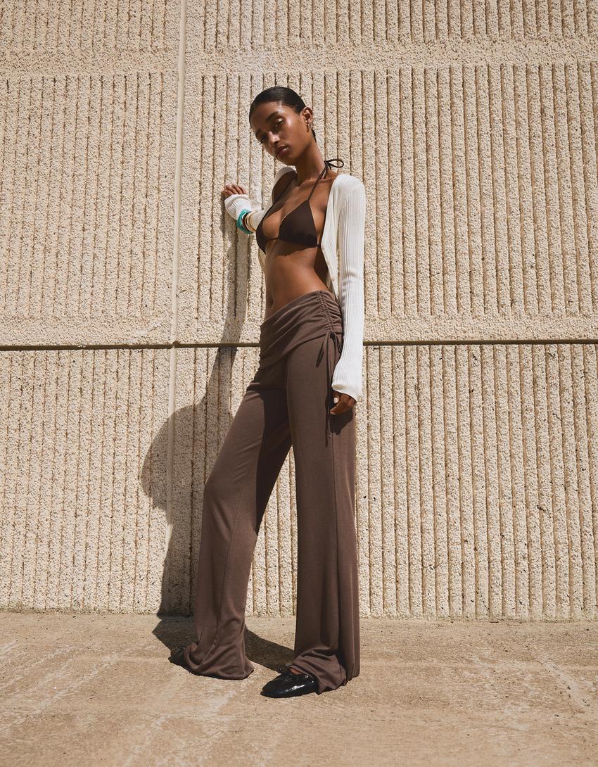 Soft modal blend flared trousers with gathered bow-Sand