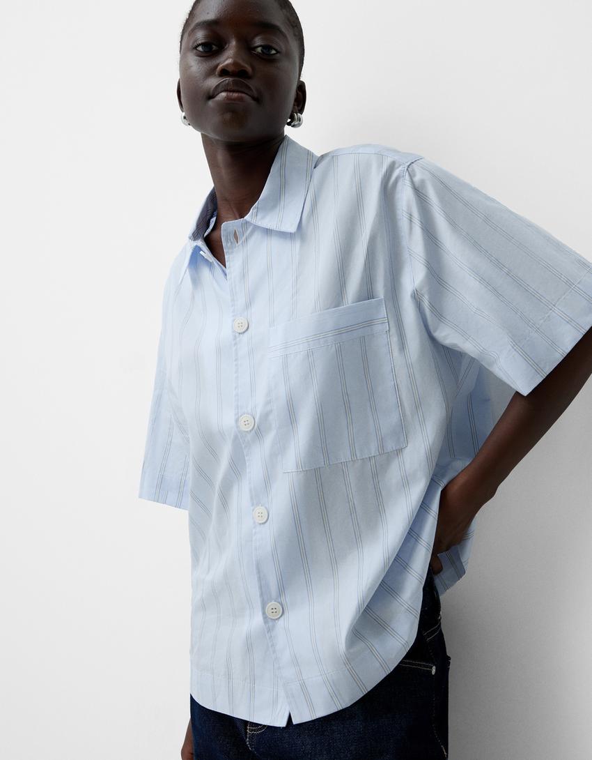 قميص مخطط بقصّة مربعة وأكمام قصيرة-أزرق فاتح-1