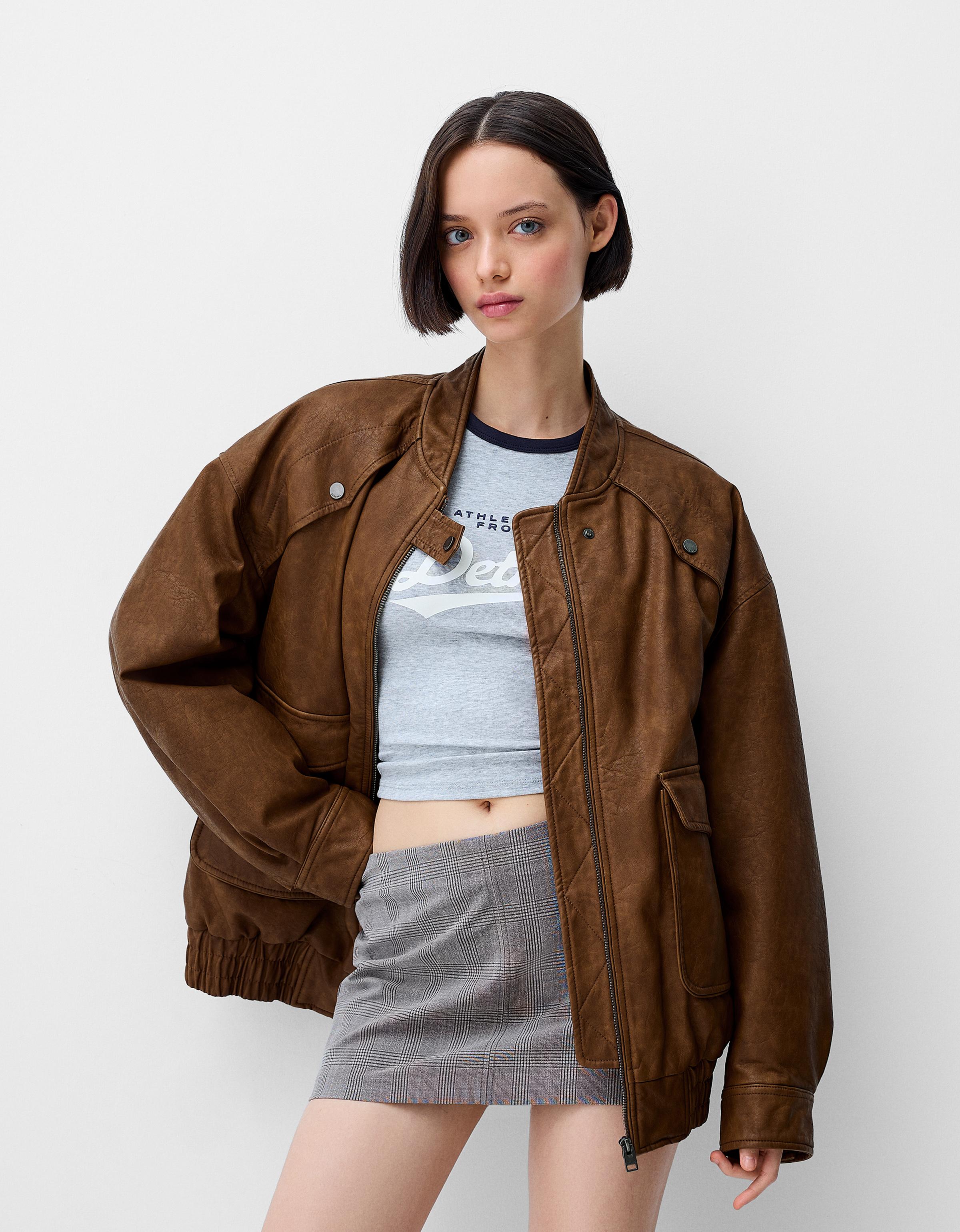 Bershka Oversize-Jacke Aus Kunstleder Damen L Braun