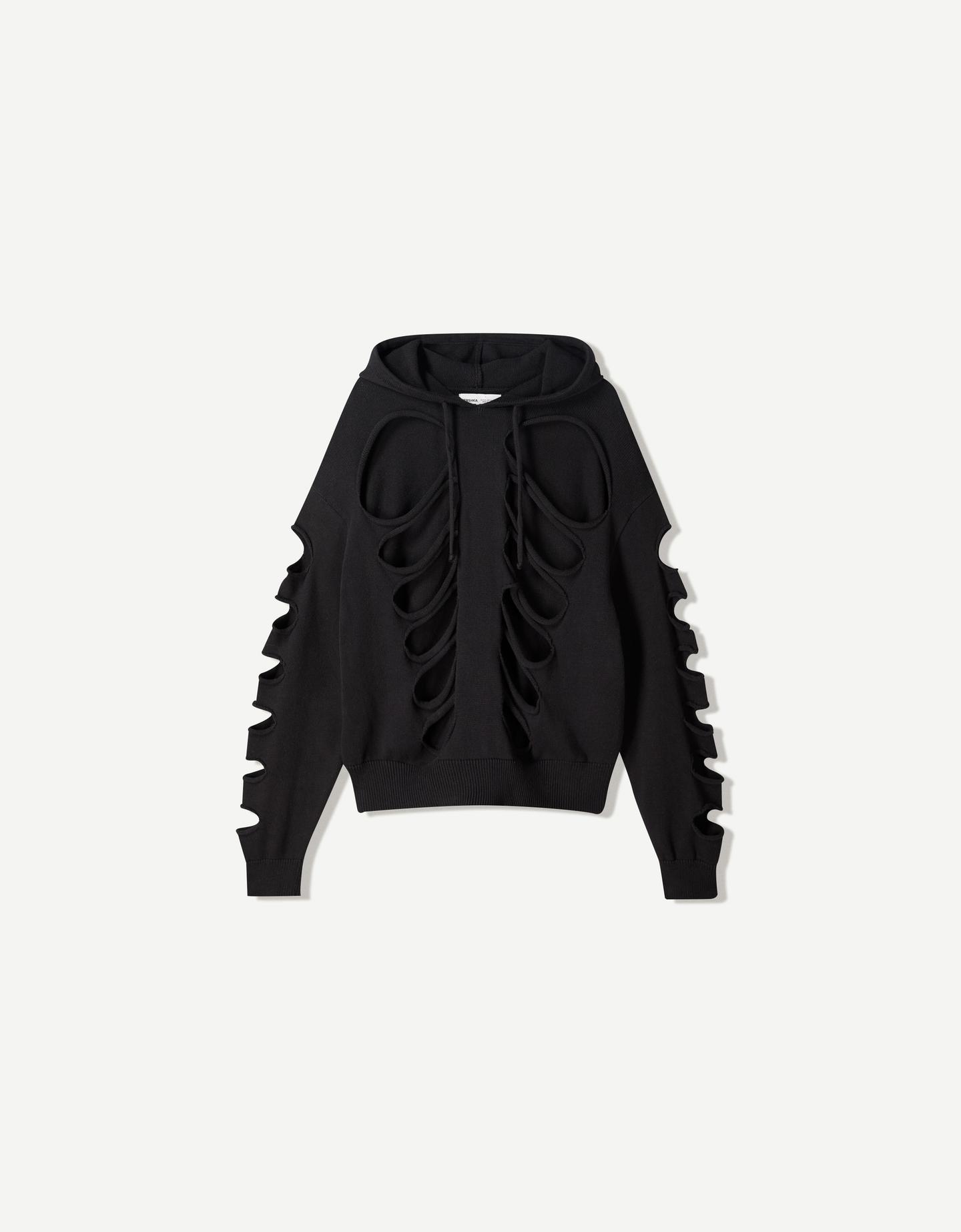 Bershka Sudadera Ca7riel & Paco Amoroso Capucha Rotos Hombre L-Xl Negro