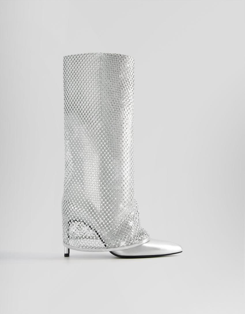بوت لامع بكعب رفيع-فضي