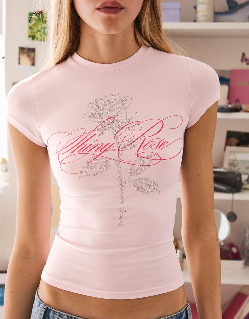 Rövid ujjú, strasszos póló-Rózsaszín