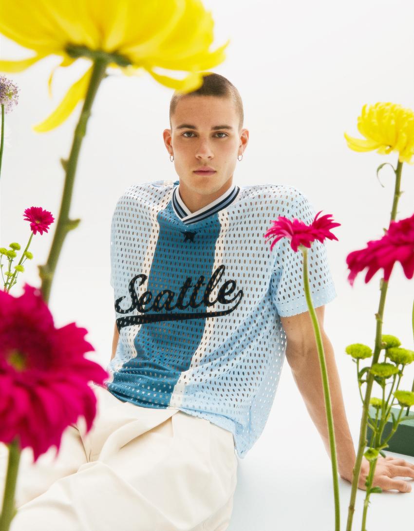 Dukslūs sportinio stiliaus tinkliniai marškinėliai trumpomis rankovėmis-Šviesiai mėlyna-3