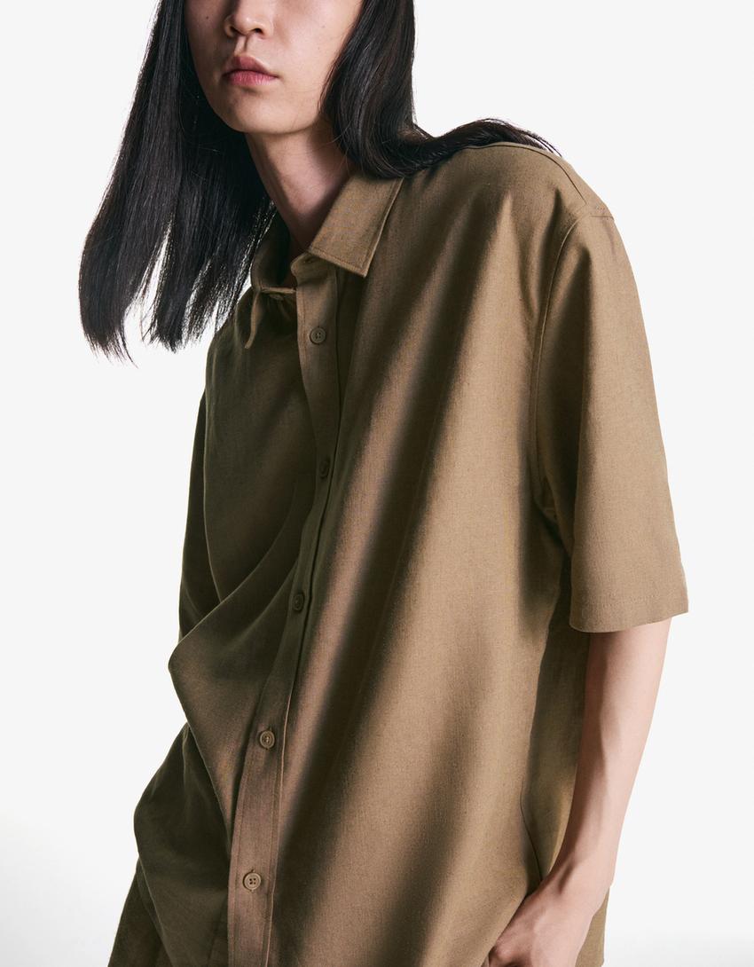 Blouse met korte mouw van linnenmix-Kameel