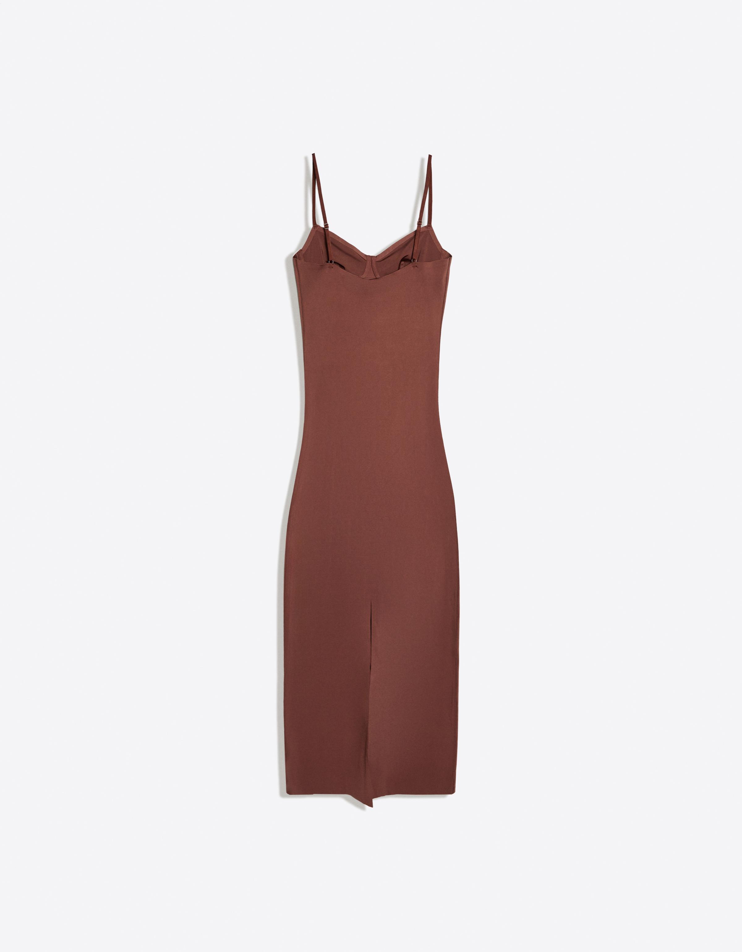 Midi dress with straps and sweetheart neckline — Brown