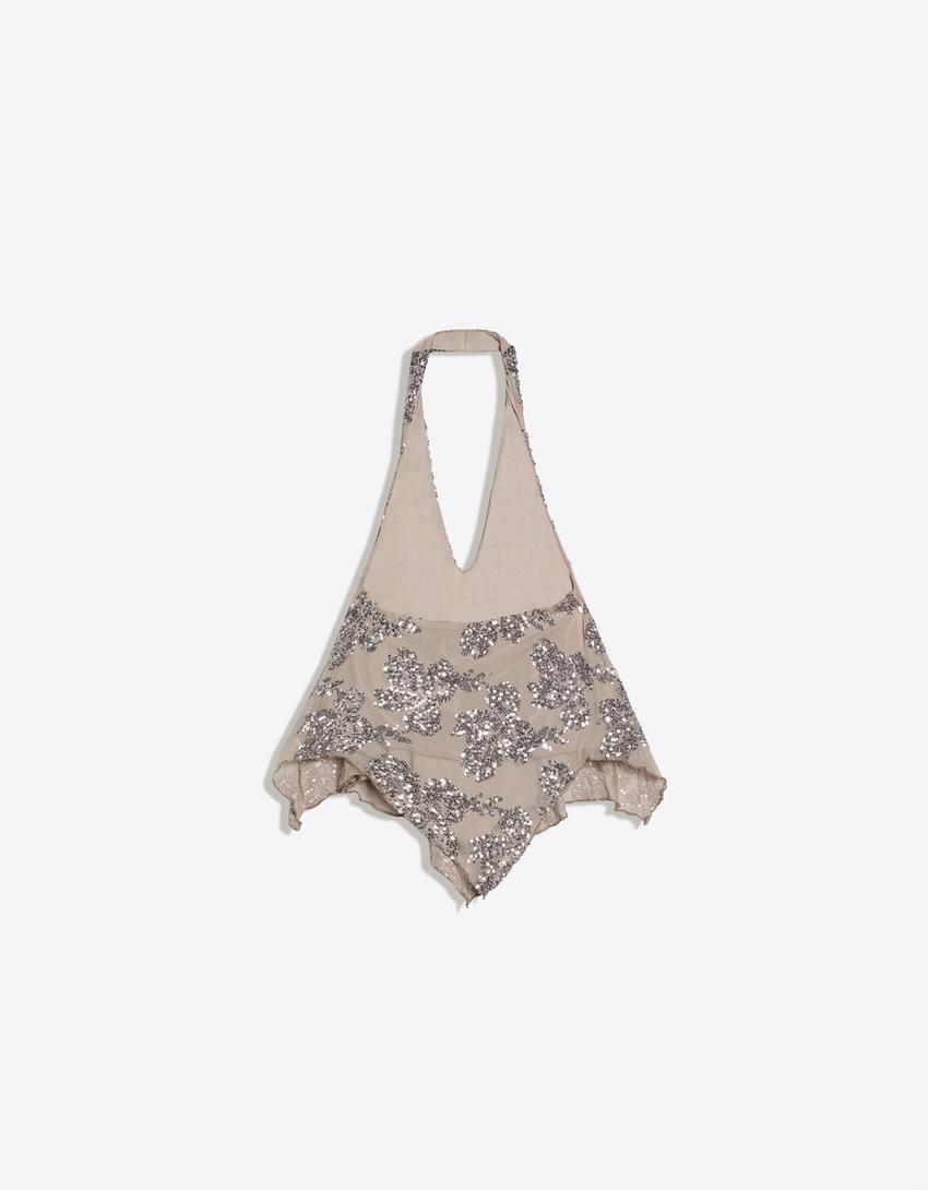 Draped sequin top-Grey
