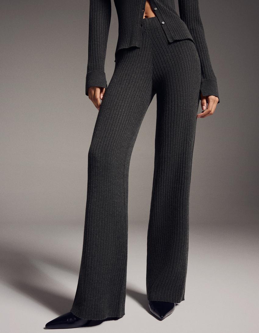 Wide-leg rib trousers-Dark grey