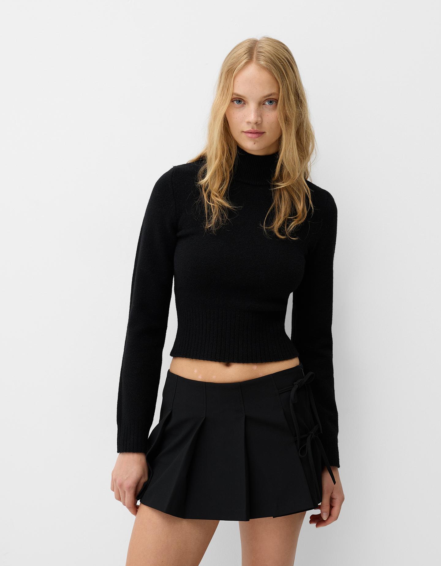 Bershka Falda Mini Tablas Detalle Lazo Mujer Xs Negro