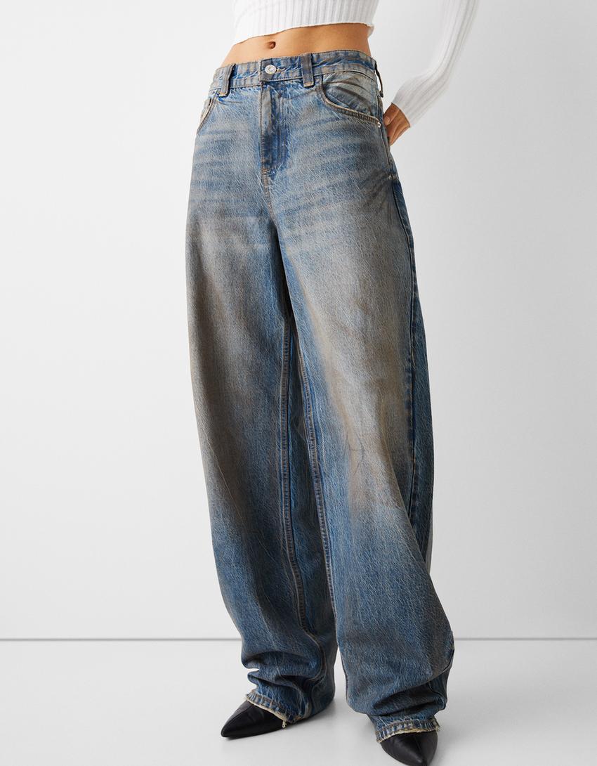 بنطال جينز طراز التسعينيات ممزق وباهت واسع الساقين-أزرق-3