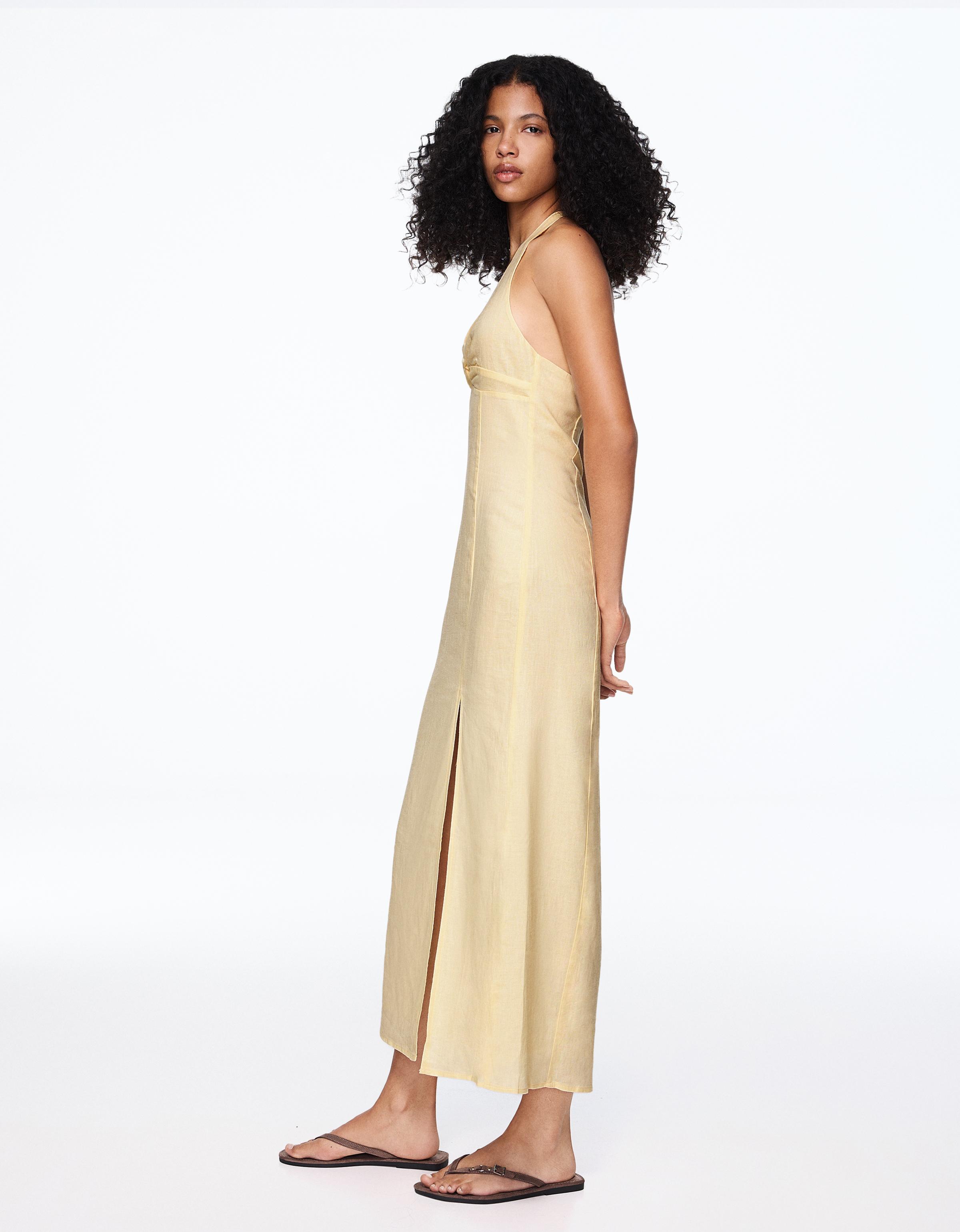 Halter midi dress with linen — Yellow