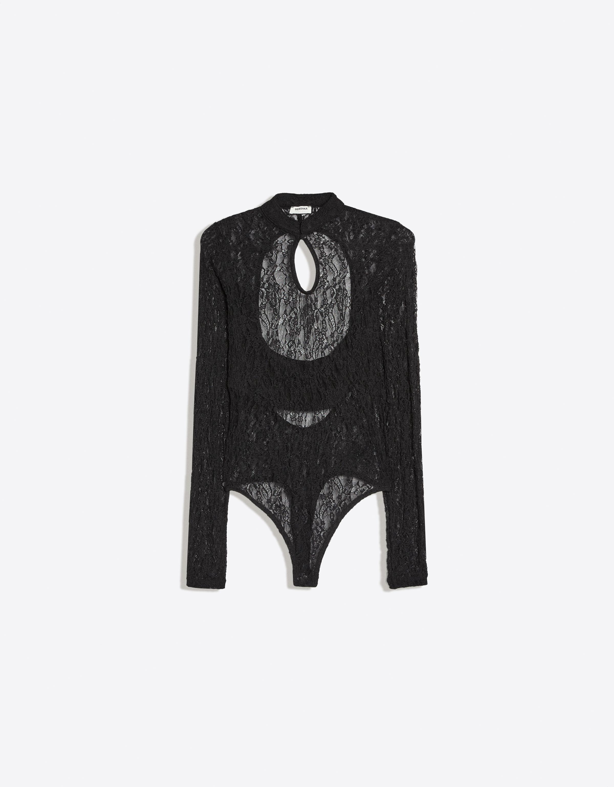Bershka Body Manga Larga Abertura Escote Encaje Mujer L Negro