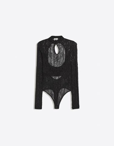 Long sleeve lace bodysuit with split neckline — Black 5