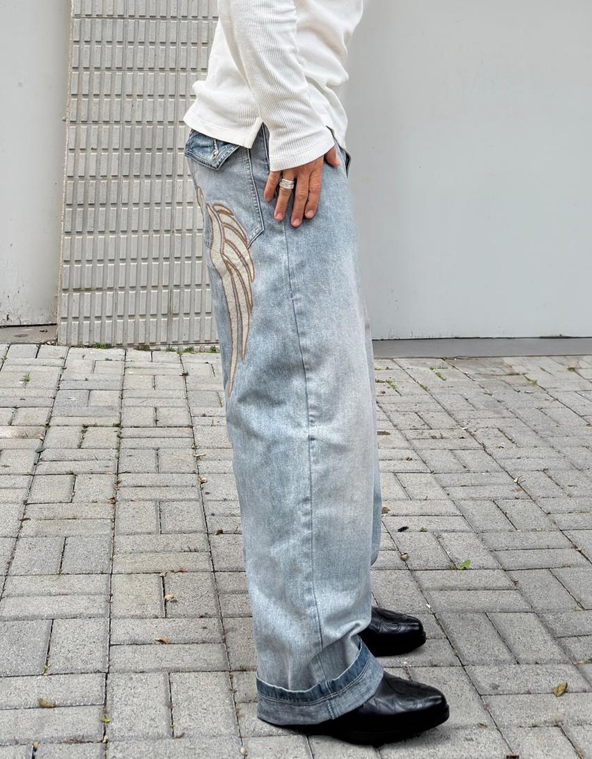 Embroidered super baggy jeans-Light blue