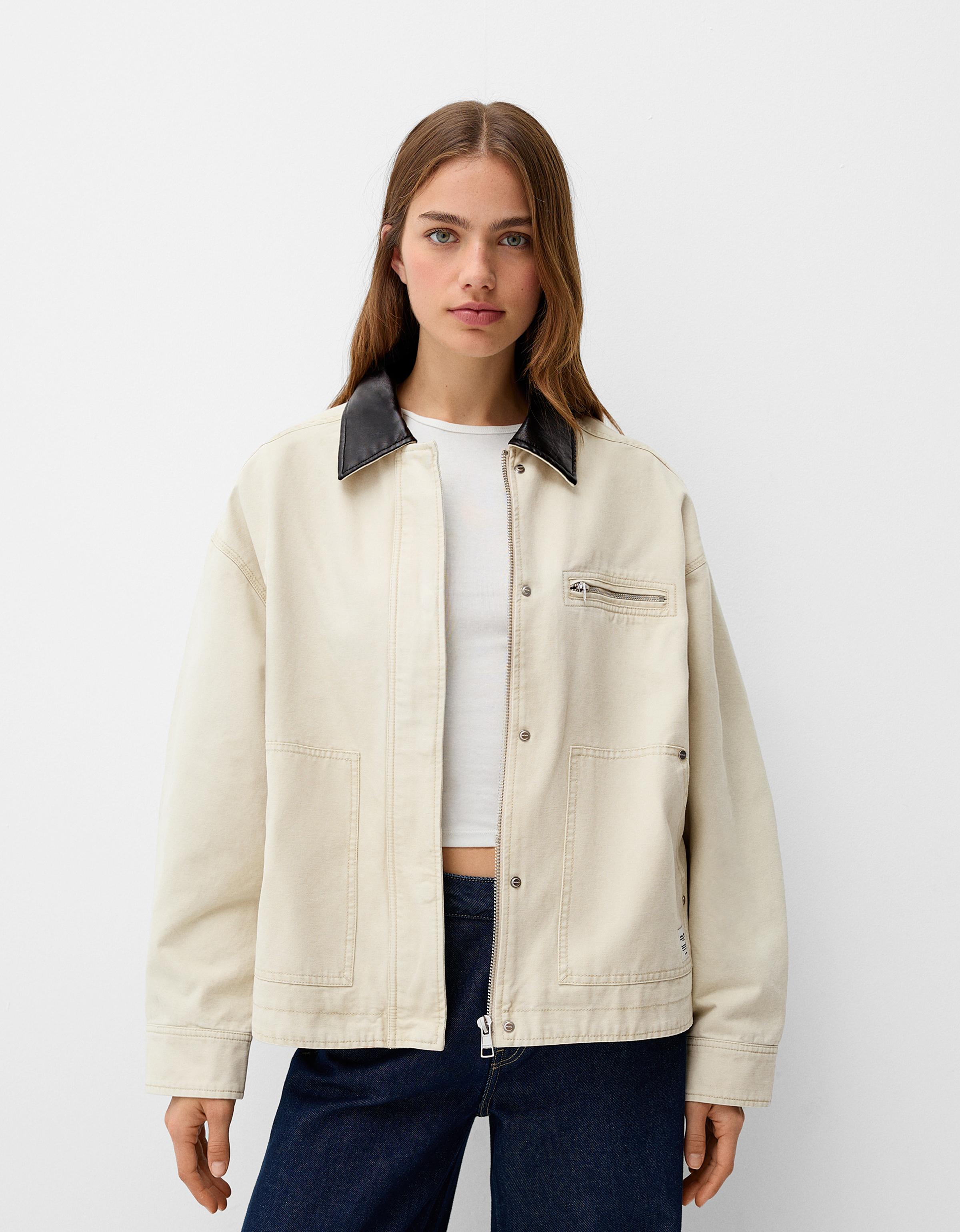 Bershka Jacke Mit Farblich Abgesetztem Kragen Damen Xs Rohweiß