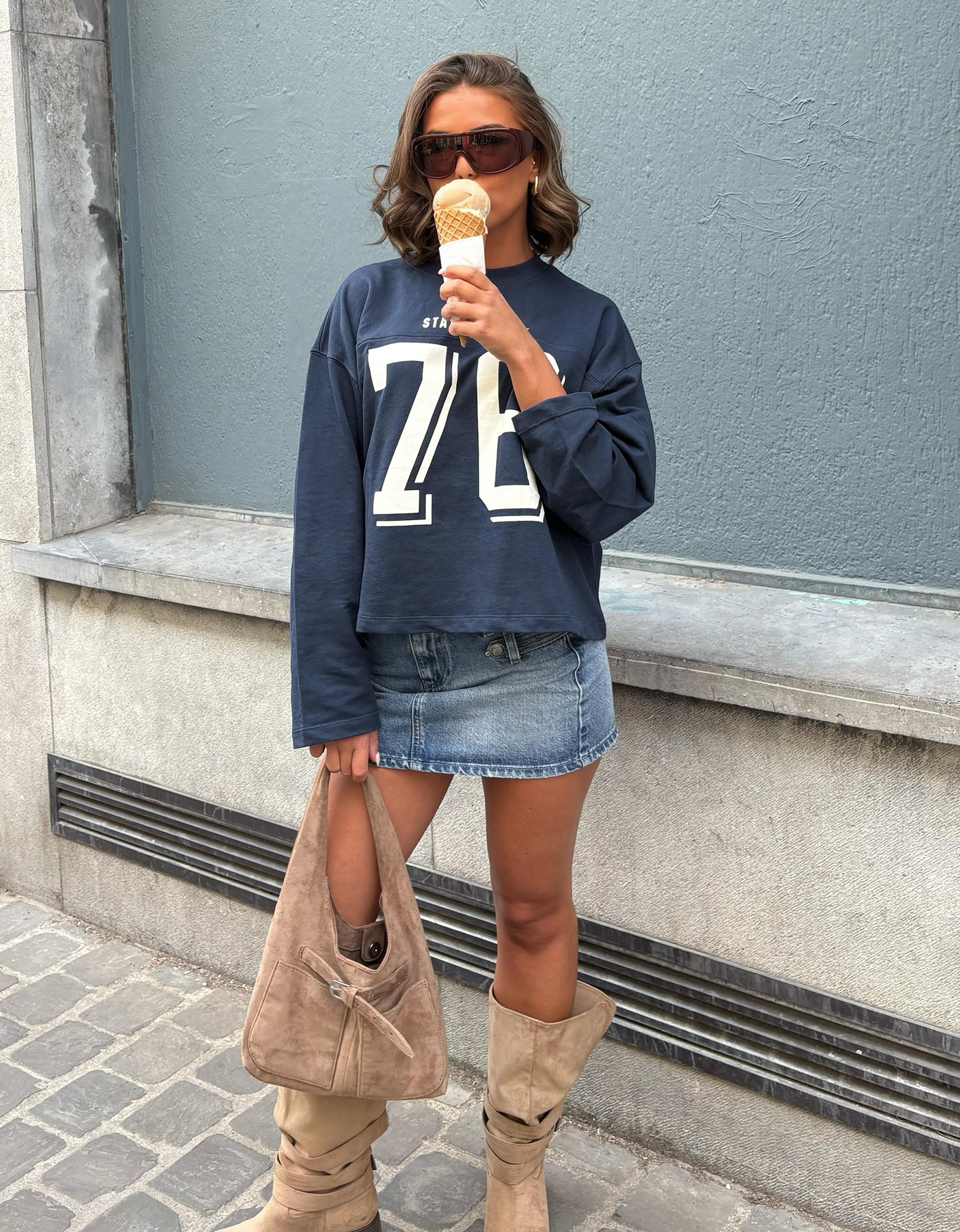 Printed round neck sweatshirt — Navy
