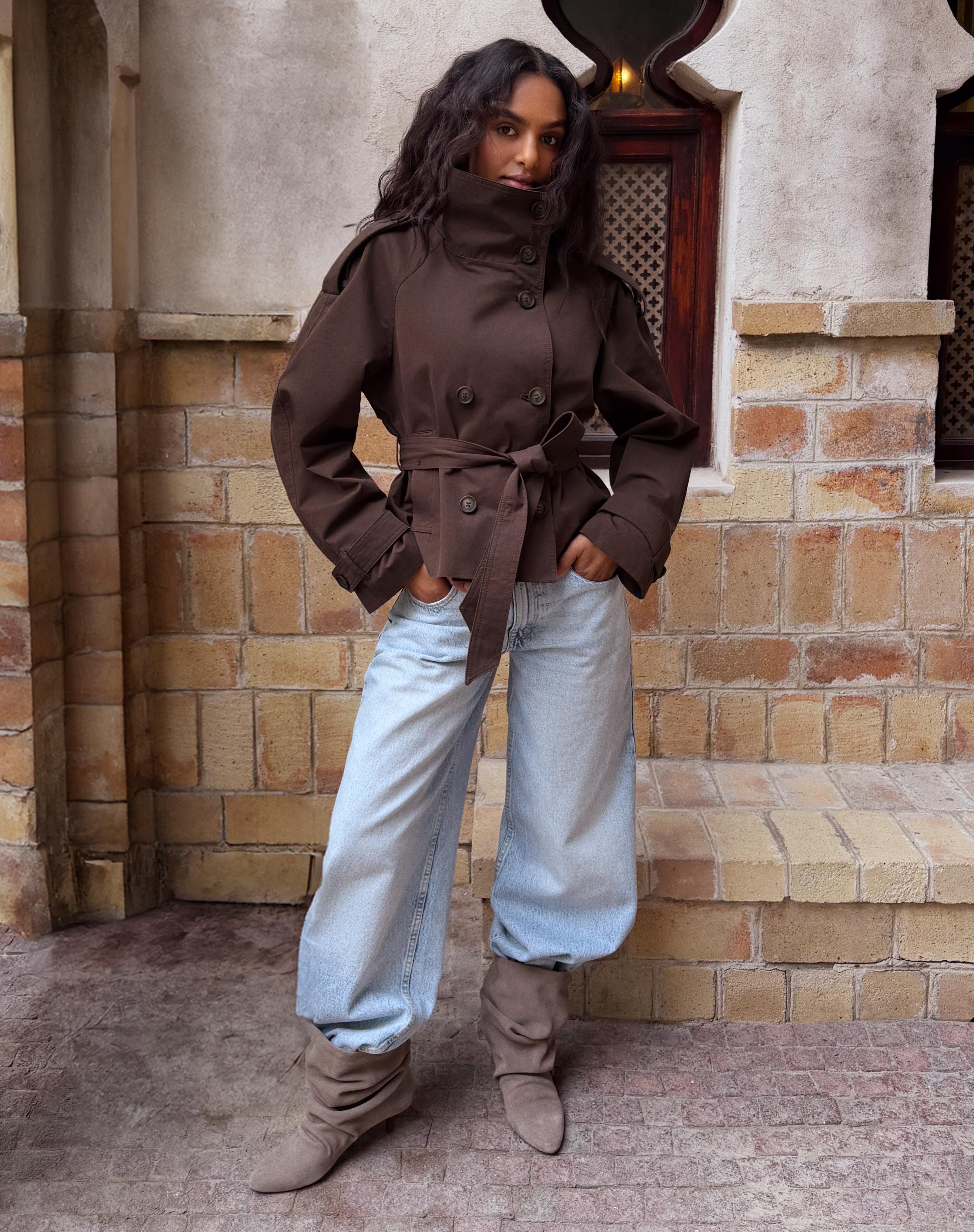 Funnel neck trench jacket — Brown