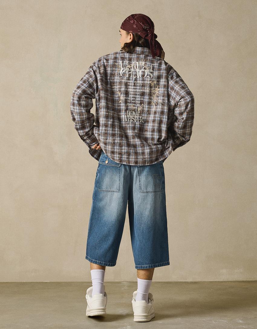 Super baggy denim Bermuda shorts-Light blue