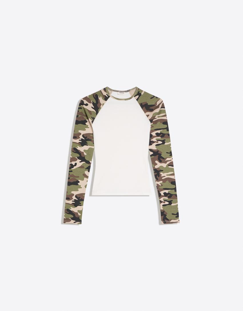 Printed long sleeve raglan T-shirt-Khaki