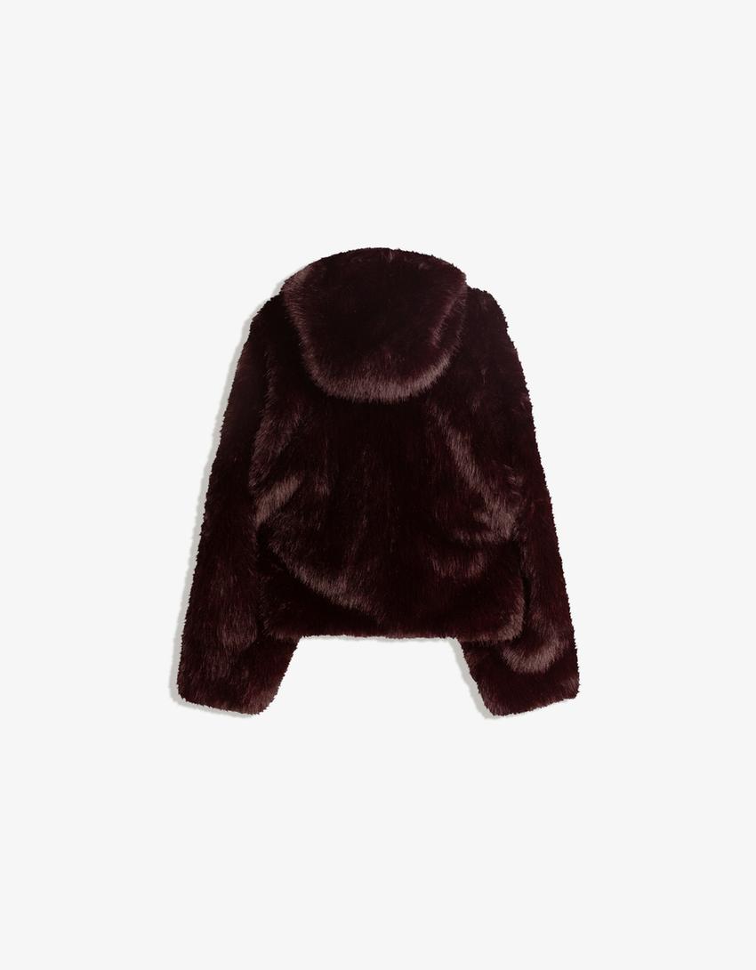 Faux fur hooded jacket-Maroon