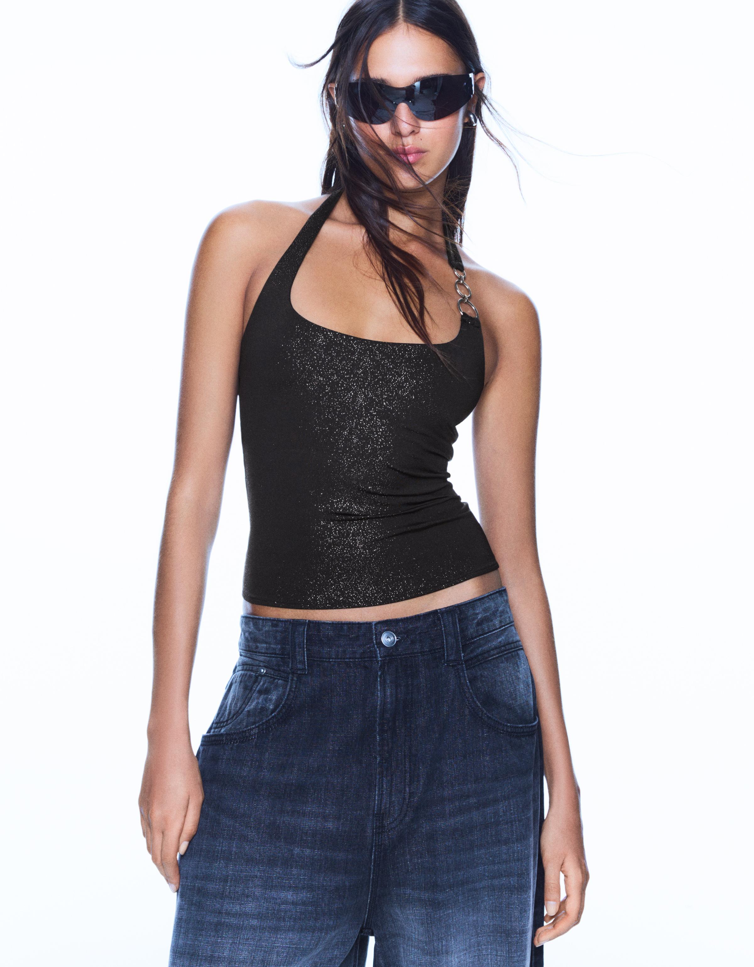 Bershka Fließendes, Eng Anliegendes Top Mit Ösen Damen Xs Schwarz