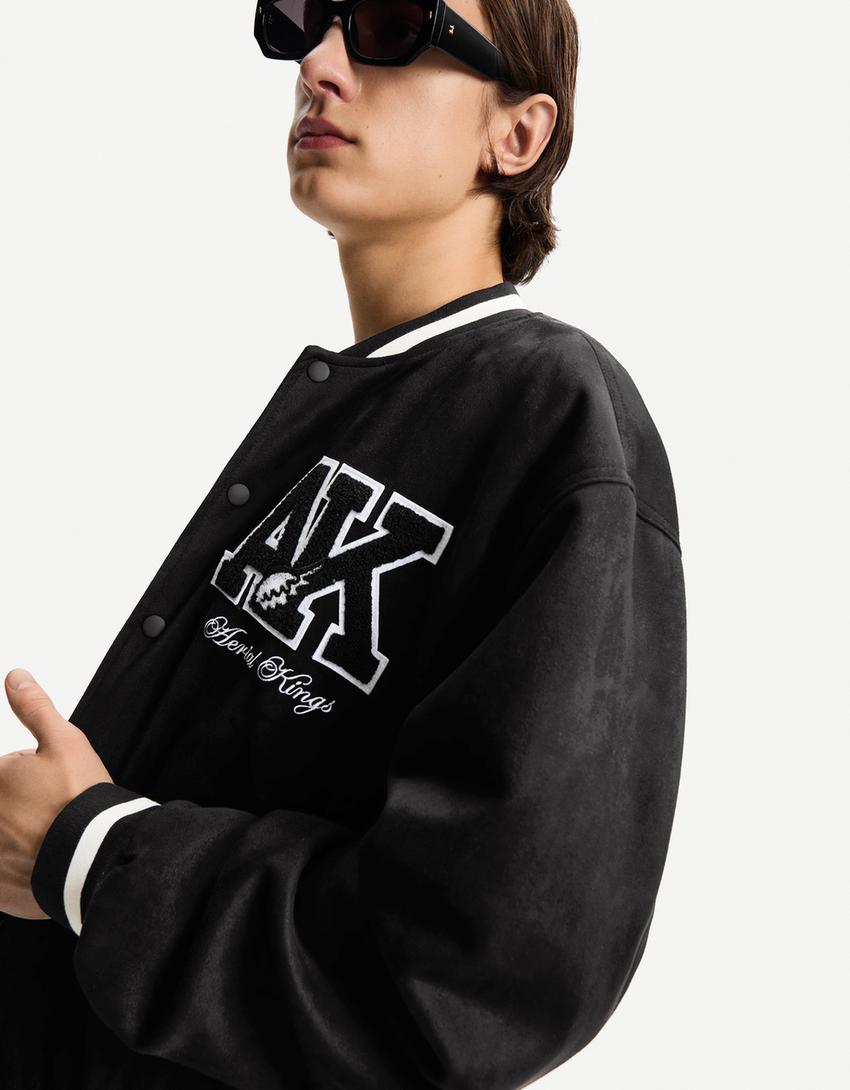 Cazadora varsity efecto suede-Negro