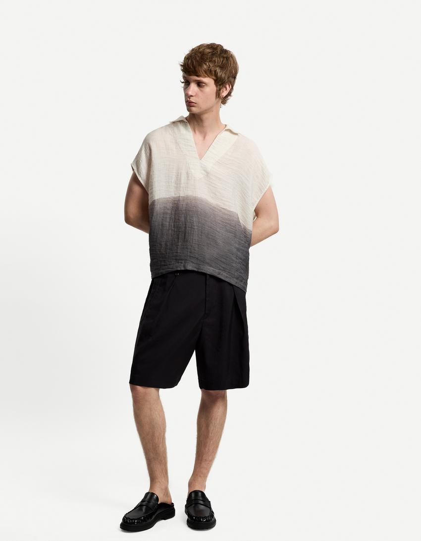 Wide-leg pleated Bermuda shorts-Dark grey-0