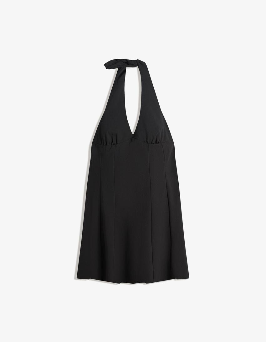 Bengaline halter mini dress-Black